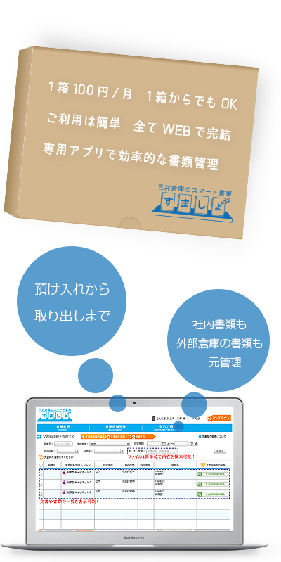 書類保管サービス「すましょ」 1箱100円/月、1箱からでもOK ご利用は簡単、全てWEBで簡潔 専用アプリで効率的な書類保管